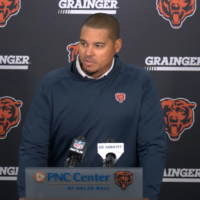 Chicago Bears general manager Ryan Poles speaks with reporters ahead of the 2026 regular season.