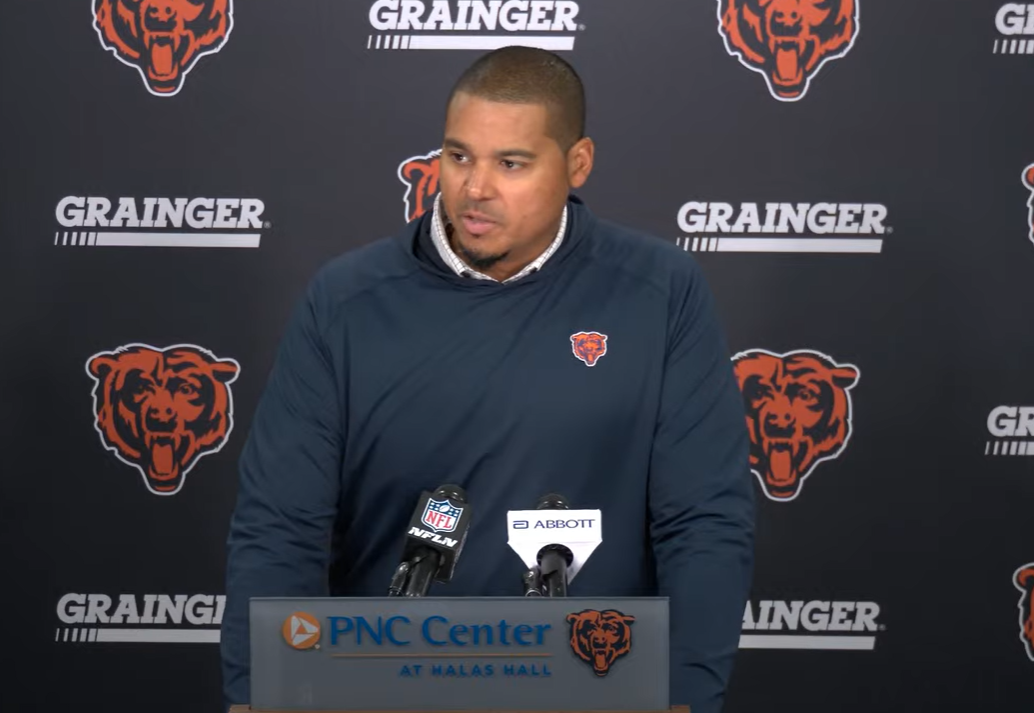 Chicago Bears general manager Ryan Poles speaks with reporters ahead of the 2026 regular season.