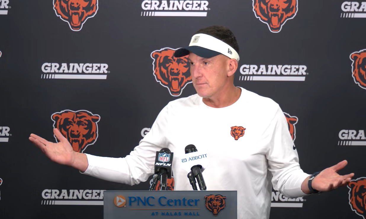 Chicago Bears defensive coordinator Dennis Allen speaks with reporters on Wednesday.