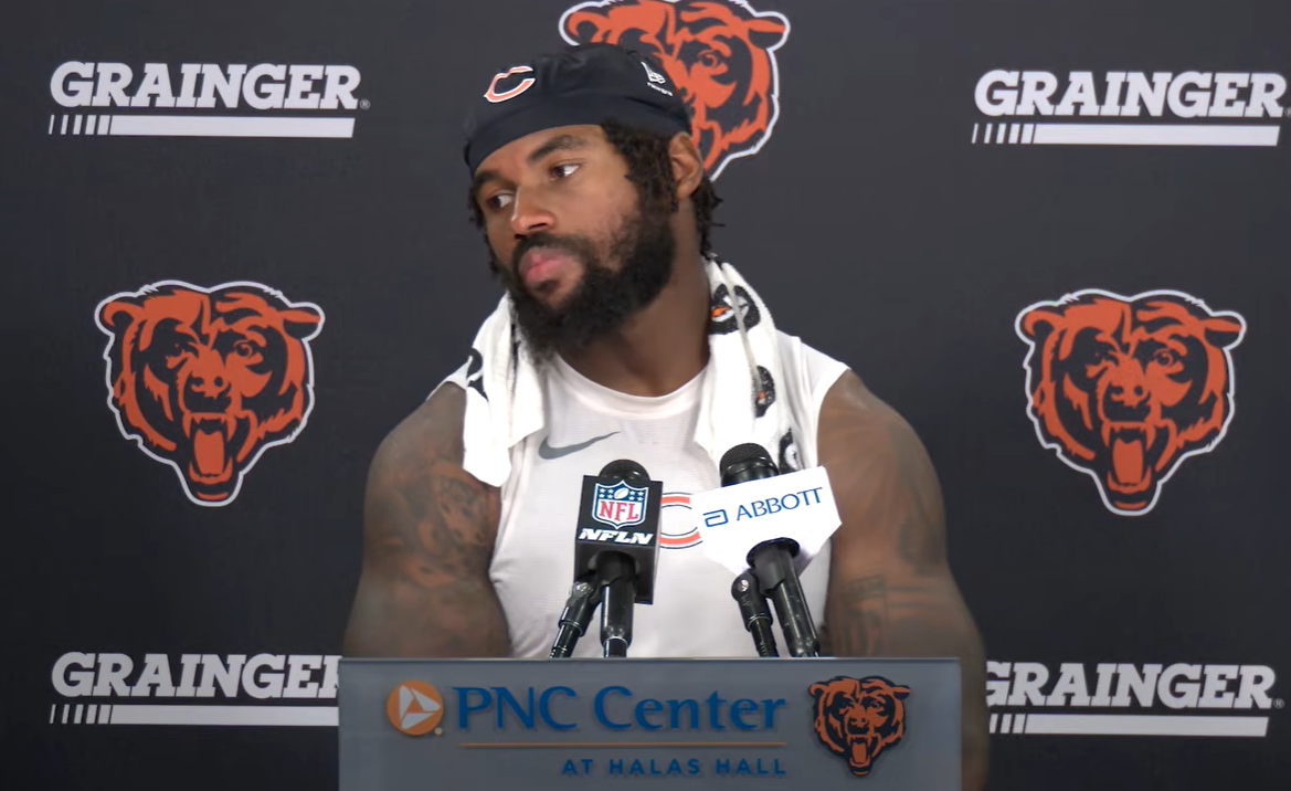 Chicago Bears running back D'Andre Swift speaks with reporters during Week 0 ahead of the regular season.