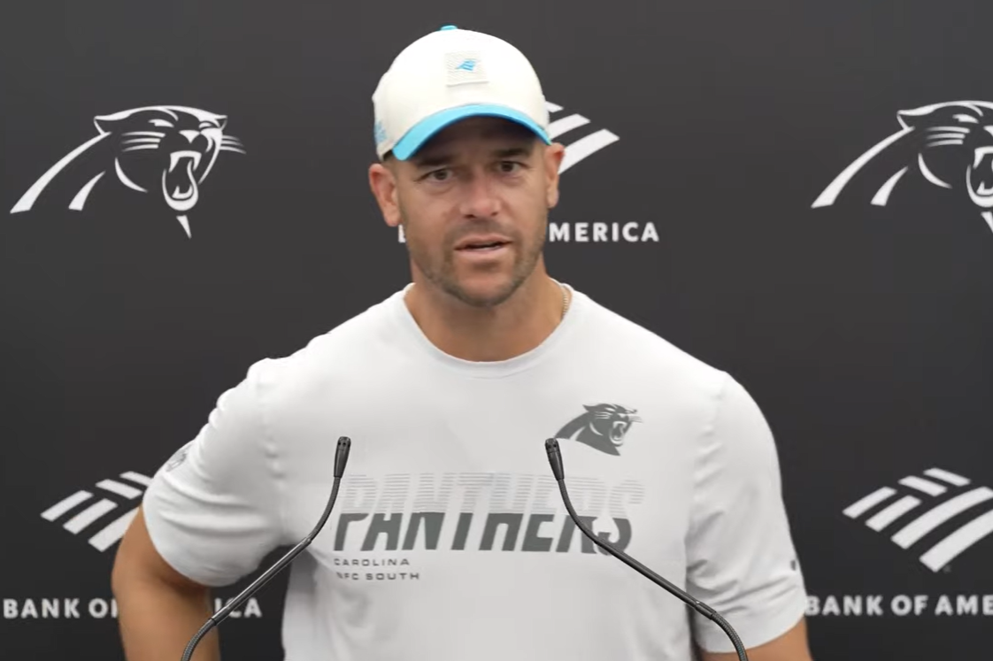 Carolina Panthers head coach Dave Canales speaks with reporters following Monday's practice of Week 1.