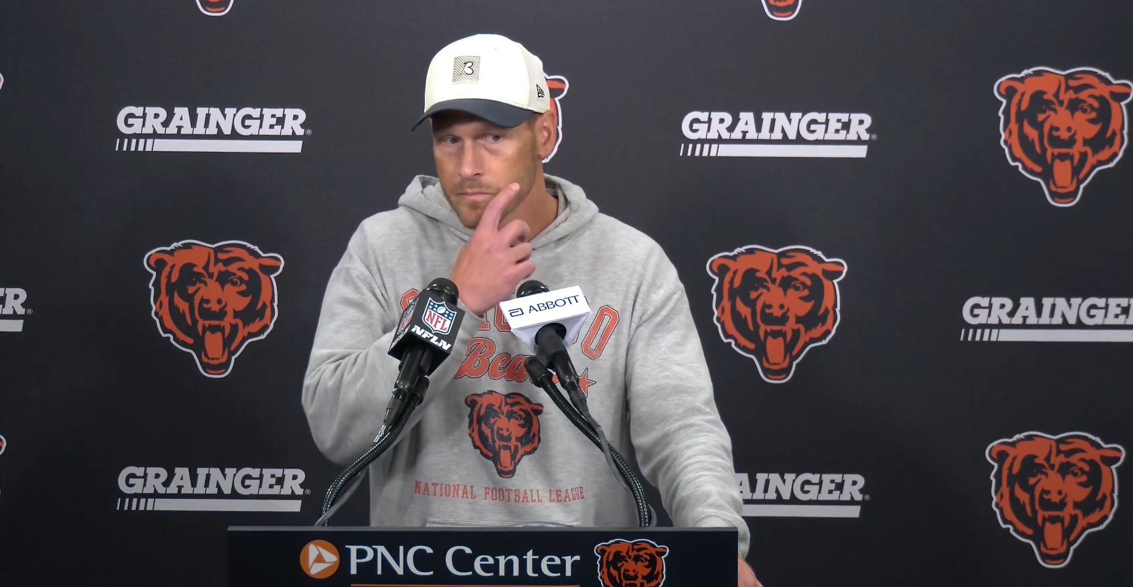 Chicago Bears head coach Ben Johnson speaks with the media at Halas Hall ahead of Week 3.