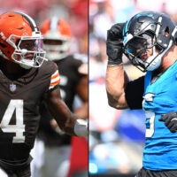Deshaun Watson throws a pass against the Tampa Bay Buccaneers. Jaelan Phillips celebrates after making a play for the Carolina Panthers.