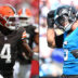 Deshaun Watson throws a pass against the Tampa Bay Buccaneers. Jaelan Phillips celebrates after making a play for the Carolina Panthers.