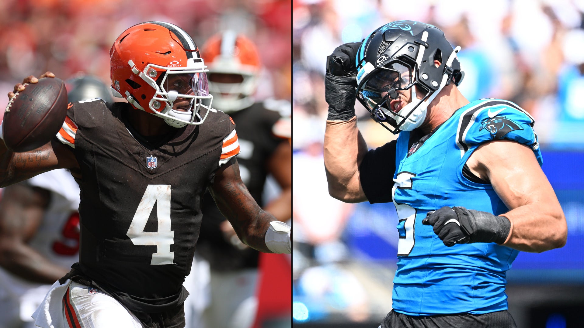 Deshaun Watson throws a pass against the Tampa Bay Buccaneers. Jaelan Phillips celebrates after making a play for the Carolina Panthers.