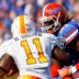 September 19, 2009; Gainesville FL, USA; Florida Gators linebacker Brandon Spikes (51) tackles Tennessee Volunteers running back Bryce Brown (11) during the first half at Ben Hill Griffin Stadium.