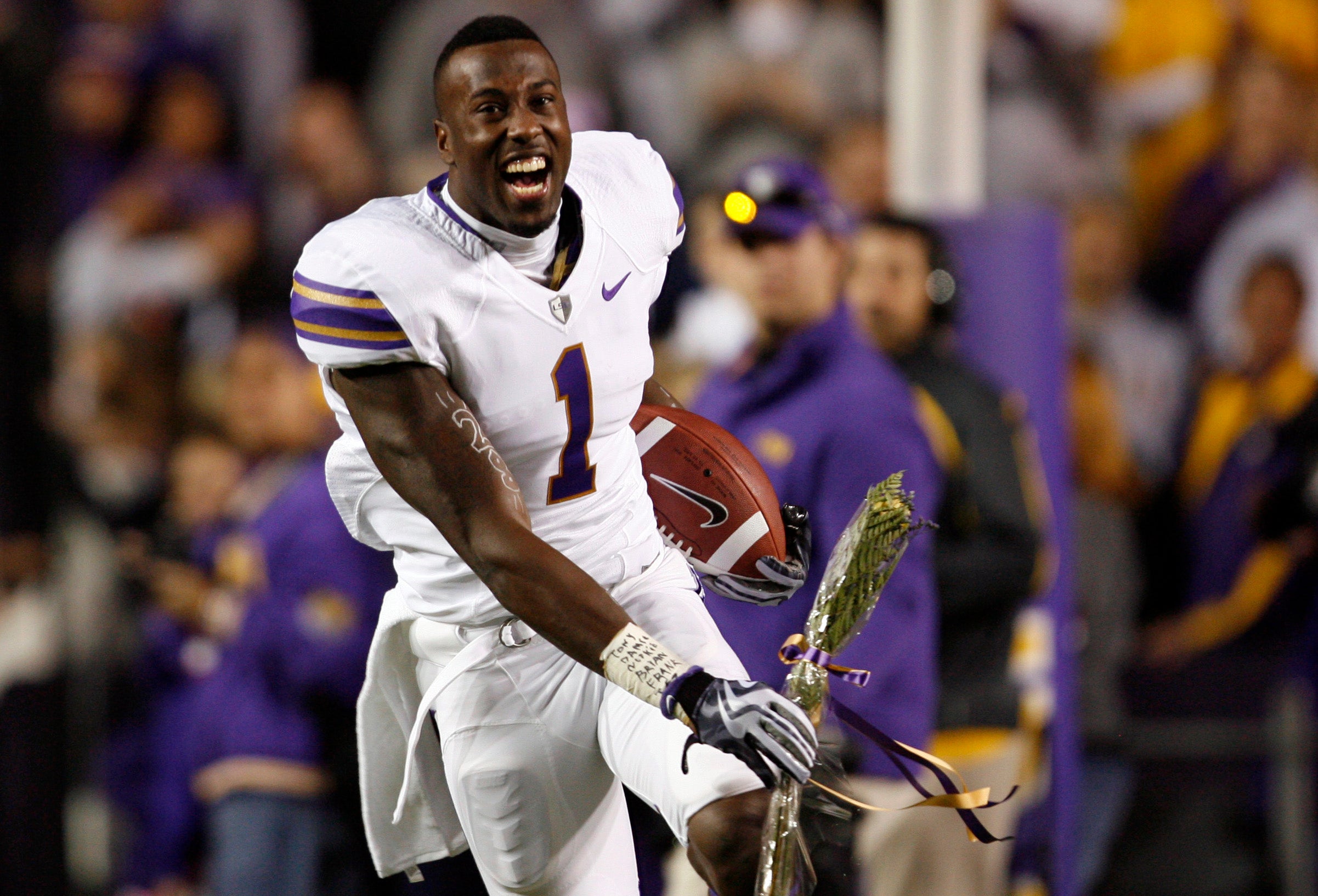 Nov. 28, 2009; Baton Rouge, LA, USA; LSU Tigers wide receiver Brandon LaFell (1) runs onto the field during senior day festivities before the game against the Arkansas Razorbacks at Tiger Stadium. LSU defeated Arkansas 33-30 in overtime.