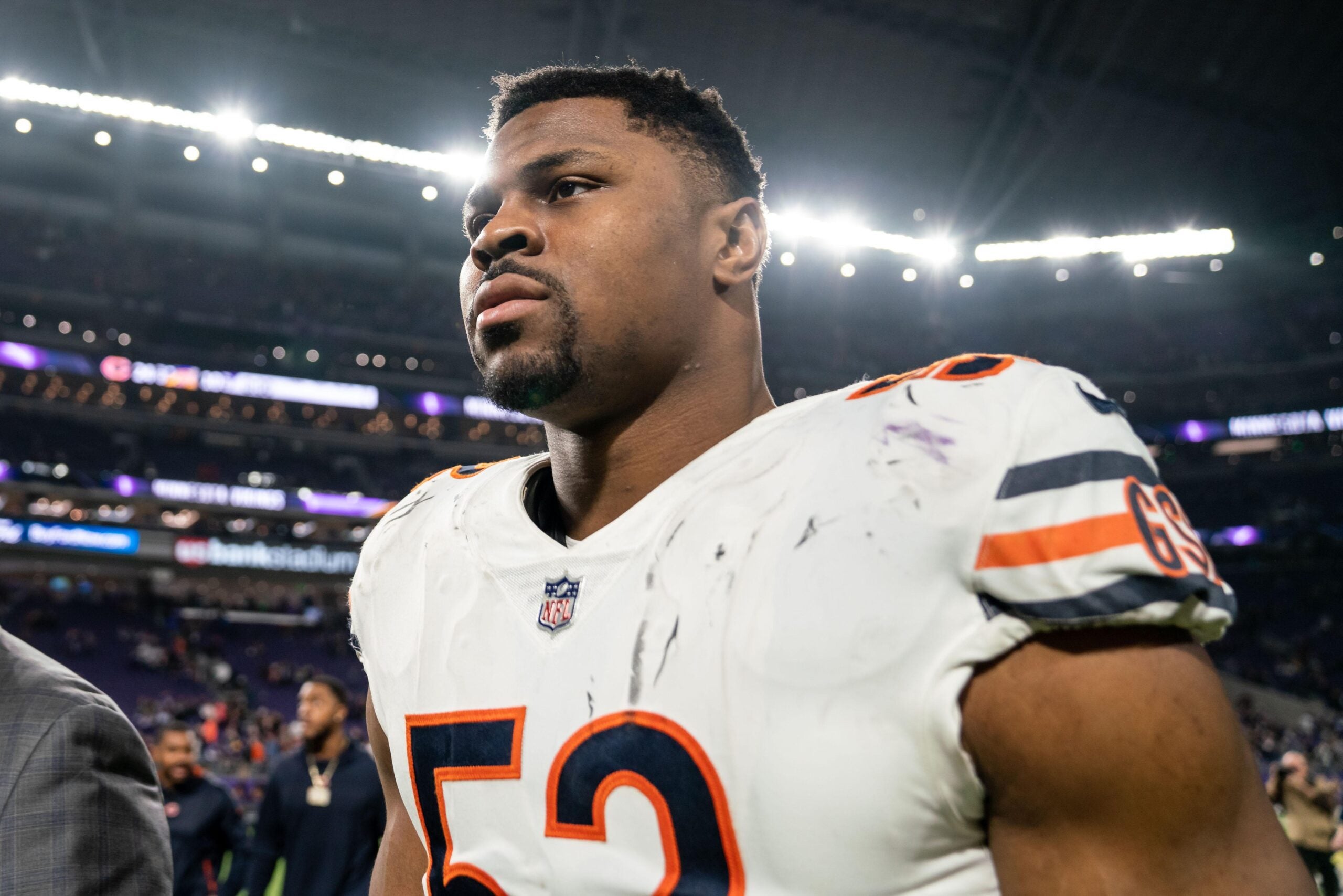 Dec 30, 2018; Minneapolis, MN, USA; Chicago Bears linebacker Khalil Mack (52) looks on following the game against the Minnesota Vikings at U.S. Bank Stadium.