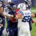 Quenton Nelson (56) of the Indianapolis Colts has a disagreement with Jeffery Simmons (98) of the Tennessee Titans after a physical play, Indianapolis Colts at Tennessee Titans, Nissan Stadium, Nashville, Thursday, Nov. 12, 2020.
