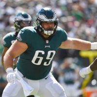 Sep 19, 2021; Philadelphia, Pennsylvania, USA; Philadelphia Eagles center Landon Dickerson (69) prepares to block against the San Francisco 49ers at Lincoln Financial Field.