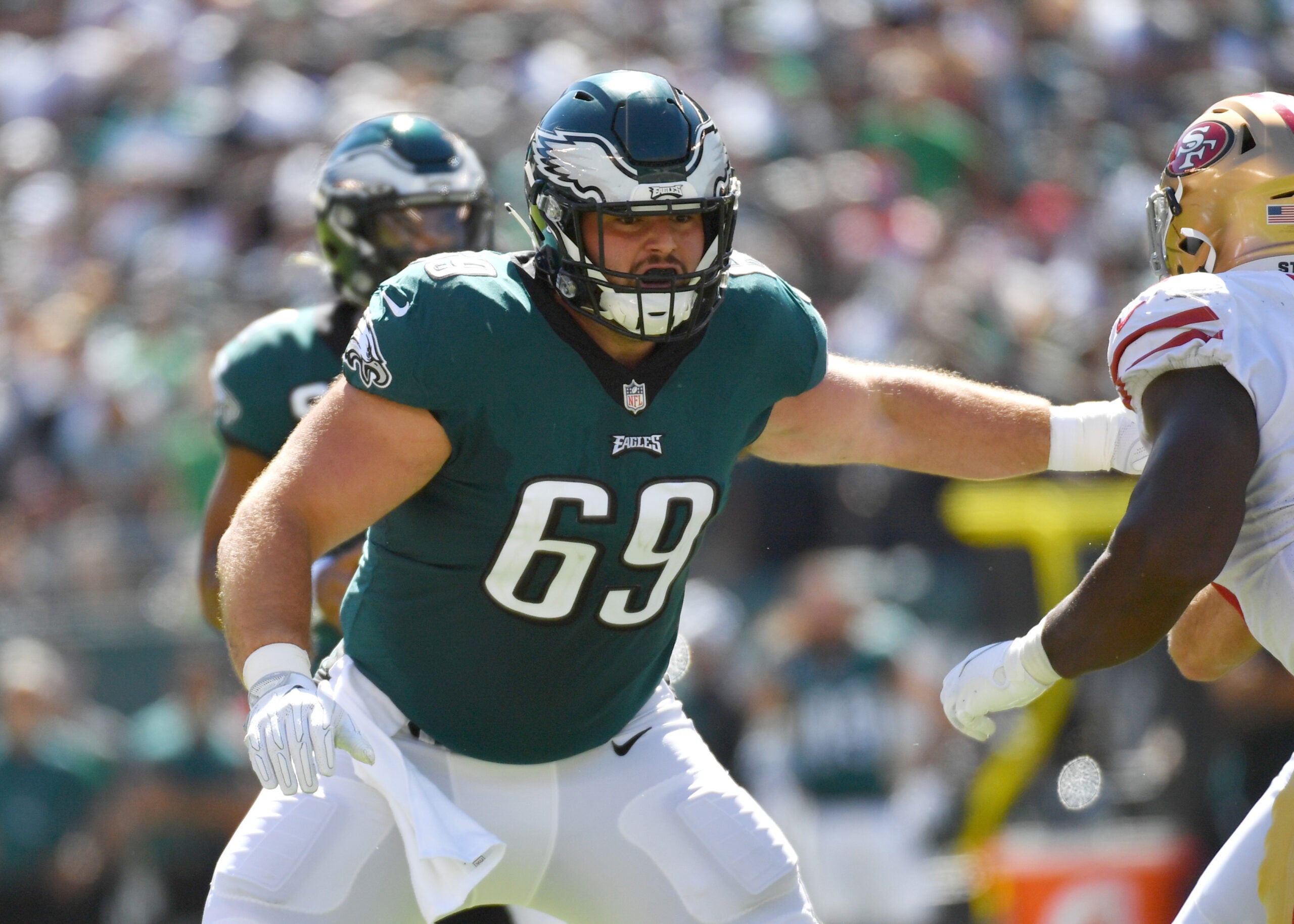 Sep 19, 2021; Philadelphia, Pennsylvania, USA; Philadelphia Eagles center Landon Dickerson (69) prepares to block against the San Francisco 49ers at Lincoln Financial Field.
