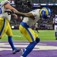 Dec 26, 2021; Minneapolis, Minnesota, USA; Los Angeles Rams wide receiver Odell Beckham Jr. (3) reacts after catching a 7 yard touchdown pass against the Minnesota Vikings during the fourth quarter at U.S. Bank Stadium.