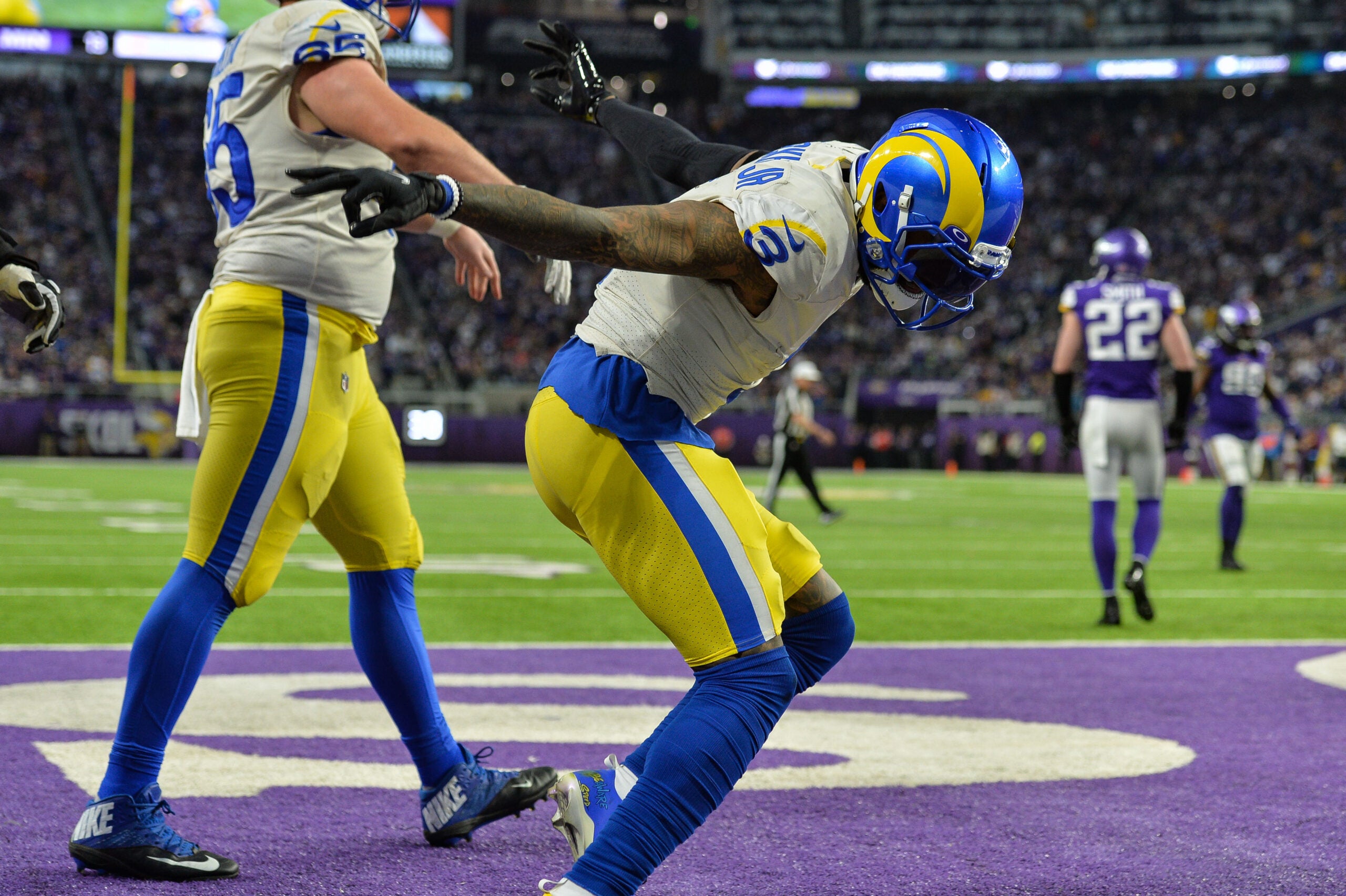 Dec 26, 2021; Minneapolis, Minnesota, USA; Los Angeles Rams wide receiver Odell Beckham Jr. (3) reacts after catching a 7 yard touchdown pass against the Minnesota Vikings during the fourth quarter at U.S. Bank Stadium.