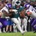 Sep 14, 2023; Philadelphia, Pennsylvania, USA; Philadelphia Eagles defensive tackle Jalen Carter (98) is blocked by Minnesota Vikings offensive tackle Olisaemeka Udoh (74) and guard Ezra Cleveland (72) at Lincoln Financial Field.