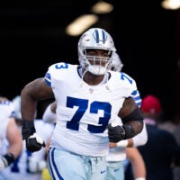 October 8, 2023; Santa Clara, California, USA; Dallas Cowboys offensive tackle Tyler Smith (73) before the game against the San Francisco 49ers at Levi's Stadium.