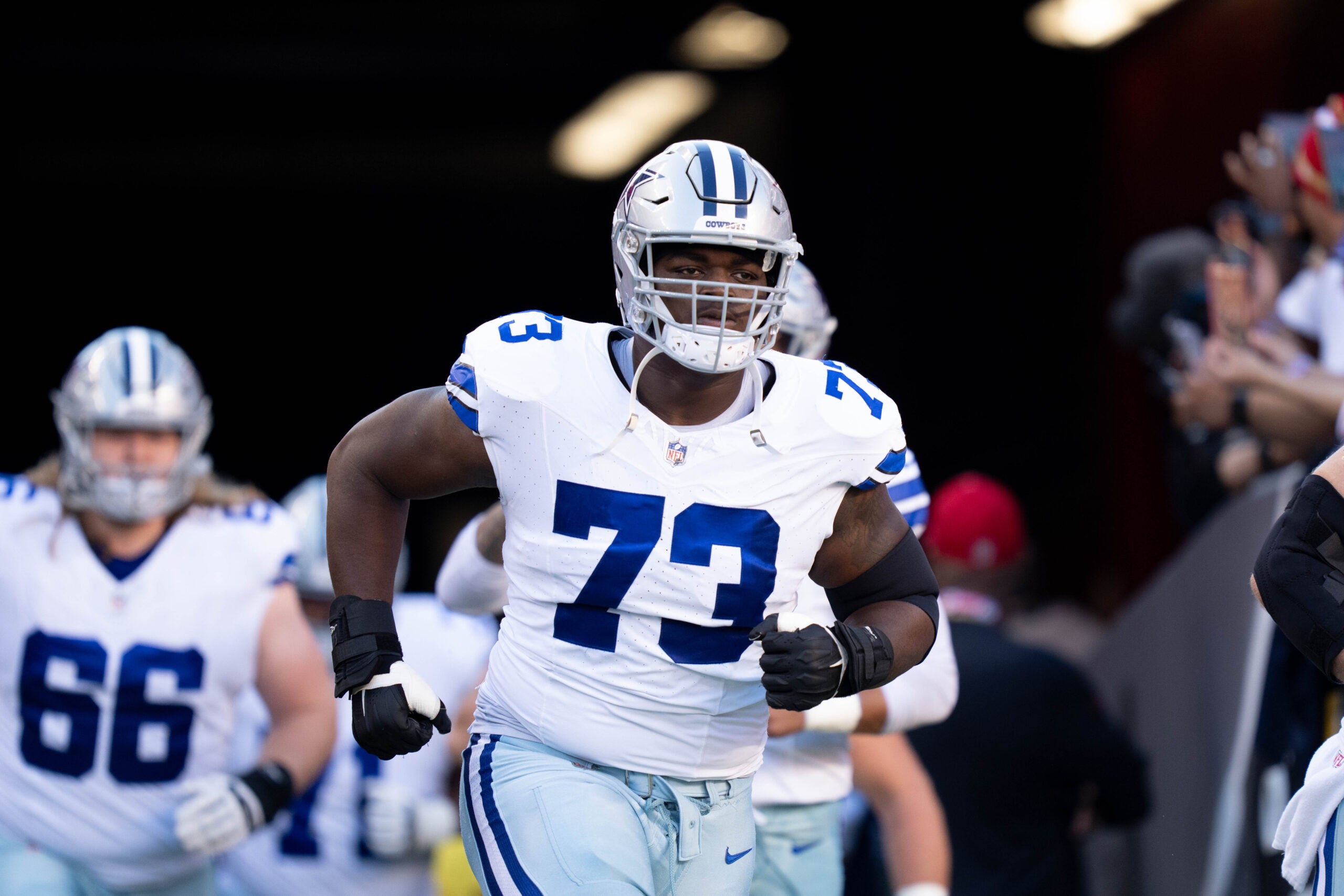 October 8, 2023; Santa Clara, California, USA; Dallas Cowboys offensive tackle Tyler Smith (73) before the game against the San Francisco 49ers at Levi's Stadium.