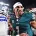 Nov 5, 2023; Philadelphia, Pennsylvania, USA; Dallas Cowboys quarterback Dak Prescott (4) and Philadelphia Eagles quarterback Jalen Hurts (1) meet on the field after Eagles win at Lincoln Financial Field.