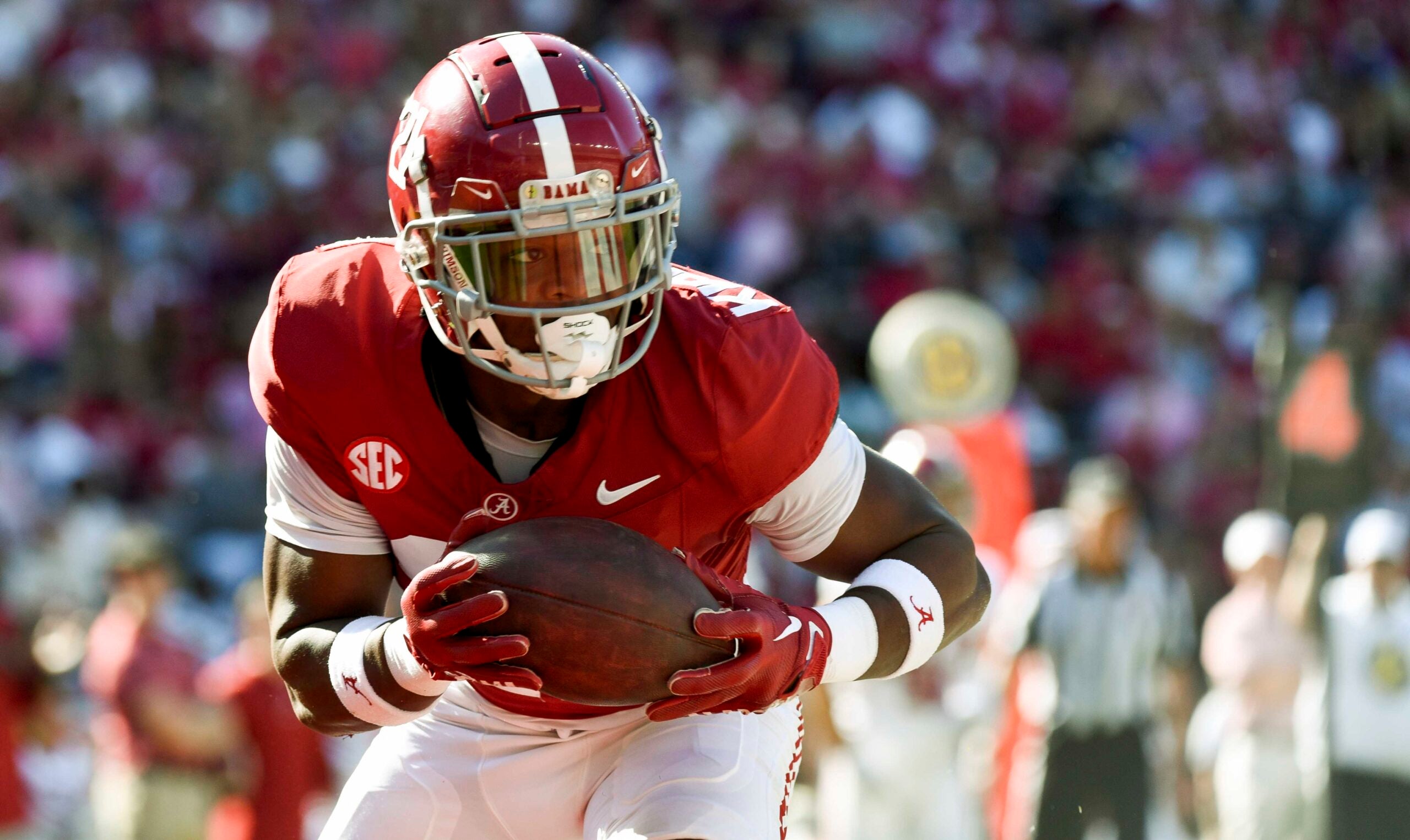 Apr 13, 2024; Tuscaloosa, AL, USA; Alabama defensive back Dre Kirkpatrick Jr. (21) intercepts a pass during the A-Day scrimmage at Bryant-Denny Stadium.