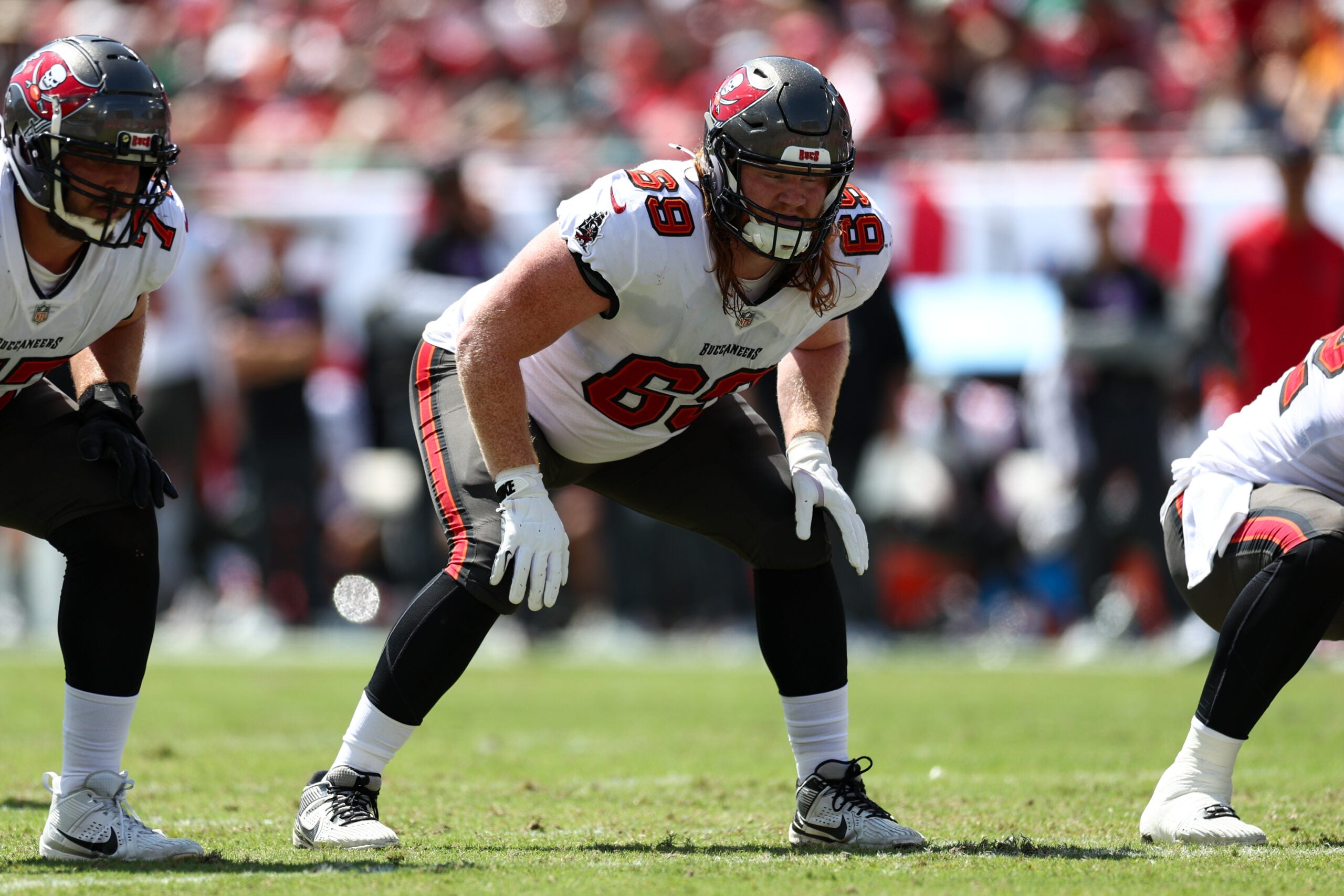 Sep 29, 2024; Tampa, Florida, USA; Tampa Bay Buccaneers guard Cody Mauch (69) lines up against the Philadelphia Eagles in the first quarter at Raymond James Stadium.