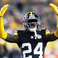Oct 20, 2024; Pittsburgh, Pennsylvania, USA; Pittsburgh Steelers cornerback Joey Porter Jr. (24) gestures against the New York Jets during the second quarter at Acrisure Stadium.