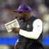 Oct 24, 2024; Inglewood, California, USA; Minnesota Vikings defensive coordinator Brian Flores watches from the sidelines against the Los Angeles Rams in the first half at SoFi Stadium.