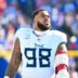 Oct 20, 2024; Orchard Park, New York, USA; Tennessee Titans defensive tackle Jeffery Simmons (98) looks to the scoreboard in the second quarter game against the Buffalo Bills at Highmark Stadium.