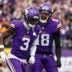 Dec 8, 2024; Minneapolis, Minnesota, USA; Minnesota Vikings wide receiver Jordan Addison (3) celebrates his touchdown with wide receiver Justin Jefferson (18) against the Atlanta Falcons during the first quarter at U.S. Bank Stadium.