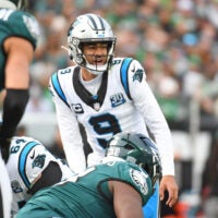 Dec 8, 2024; Philadelphia, Pennsylvania, USA; Carolina Panthers quarterback Bryce Young (9) against the Philadelphia Eagles at Lincoln Financial Field.
