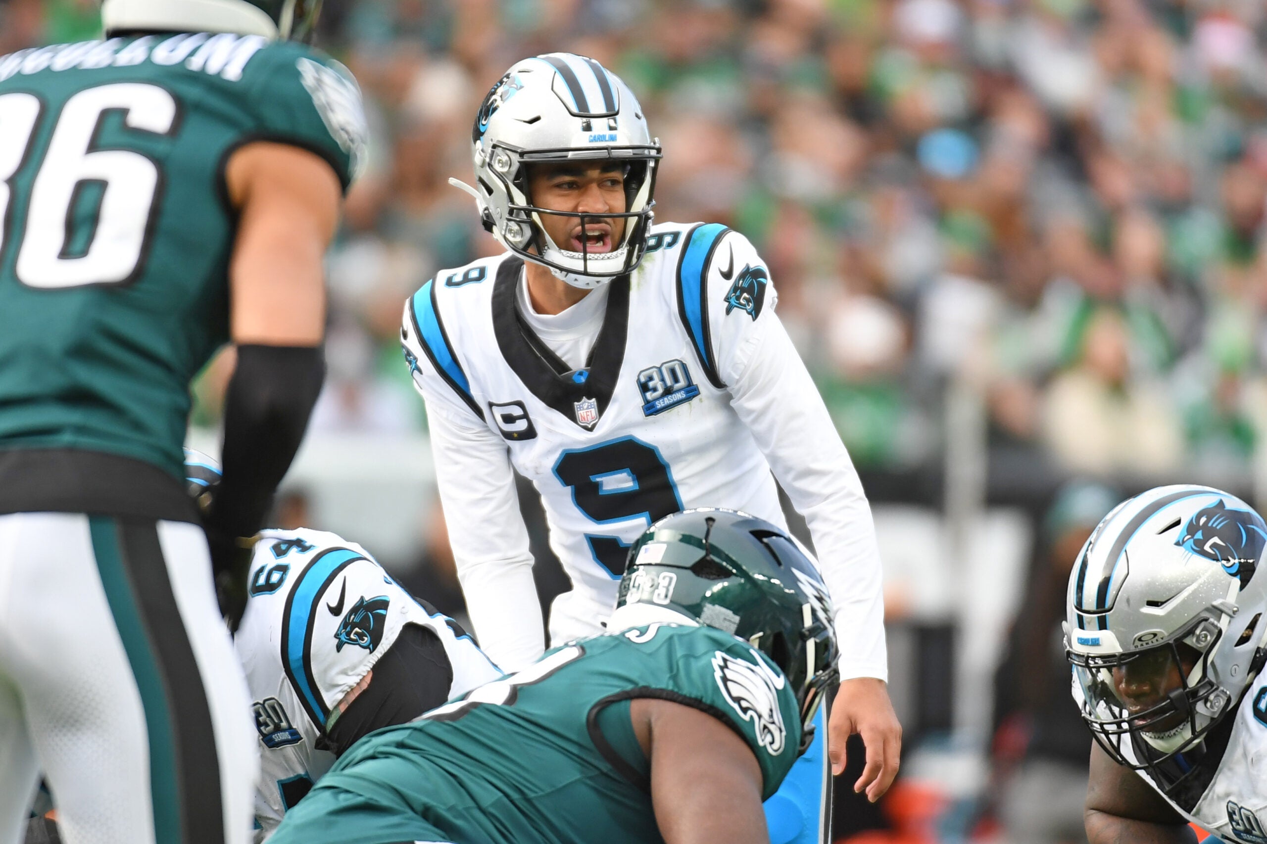 Dec 8, 2024; Philadelphia, Pennsylvania, USA; Carolina Panthers quarterback Bryce Young (9) against the Philadelphia Eagles at Lincoln Financial Field.