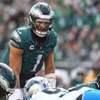 Dec 8, 2024; Philadelphia, Pennsylvania, USA; Philadelphia Eagles quarterback Jalen Hurts (1) against the Carolina Panthers at Lincoln Financial Field.