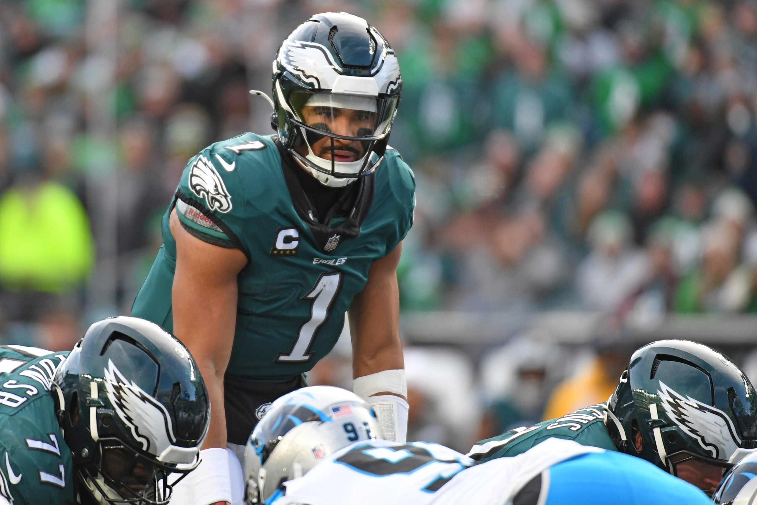 Dec 8, 2024; Philadelphia, Pennsylvania, USA; Philadelphia Eagles quarterback Jalen Hurts (1) against the Carolina Panthers at Lincoln Financial Field.