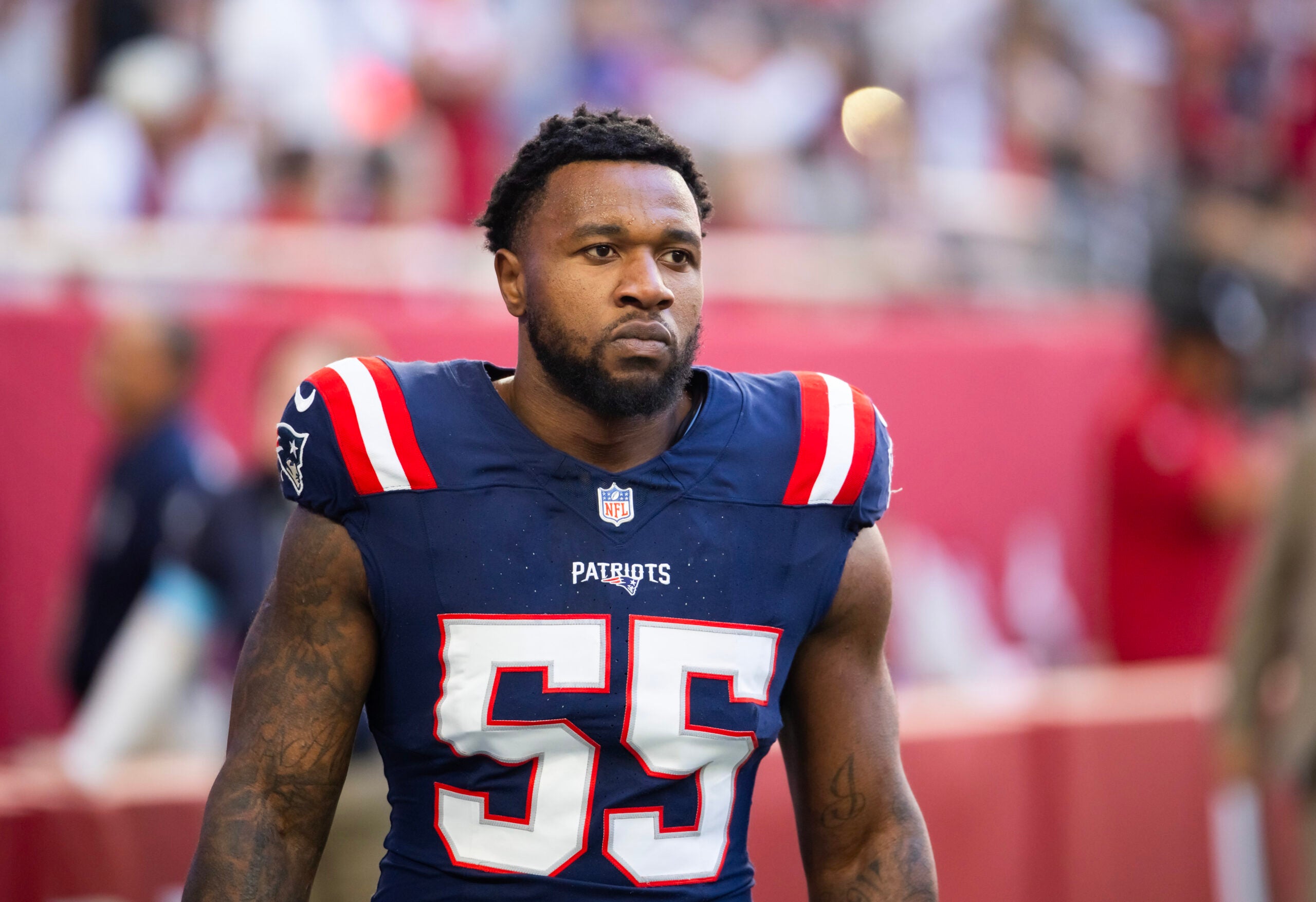 Dec 15, 2024; Glendale, Arizona, USA; New England Patriots linebacker Yannick Ngakoue (55) against the Arizona Cardinals at State Farm Stadium.