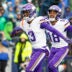 Dec 22, 2024; Seattle, Washington, USA; Minnesota Vikings wide receiver Jordan Addison (3) celebrates with wide receiver Justin Jefferson (18) after catching a touchdown pass against the Seattle Seahawks during the first quarter at Lumen Field.