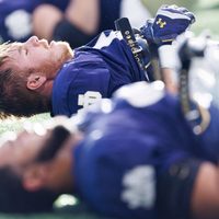 Notre Dame offensive lineman Matty Augustine, top, during a Notre Dame football spring practice at Irish Athletic Center on Wednesday, March 26, 2025, in South Bend.