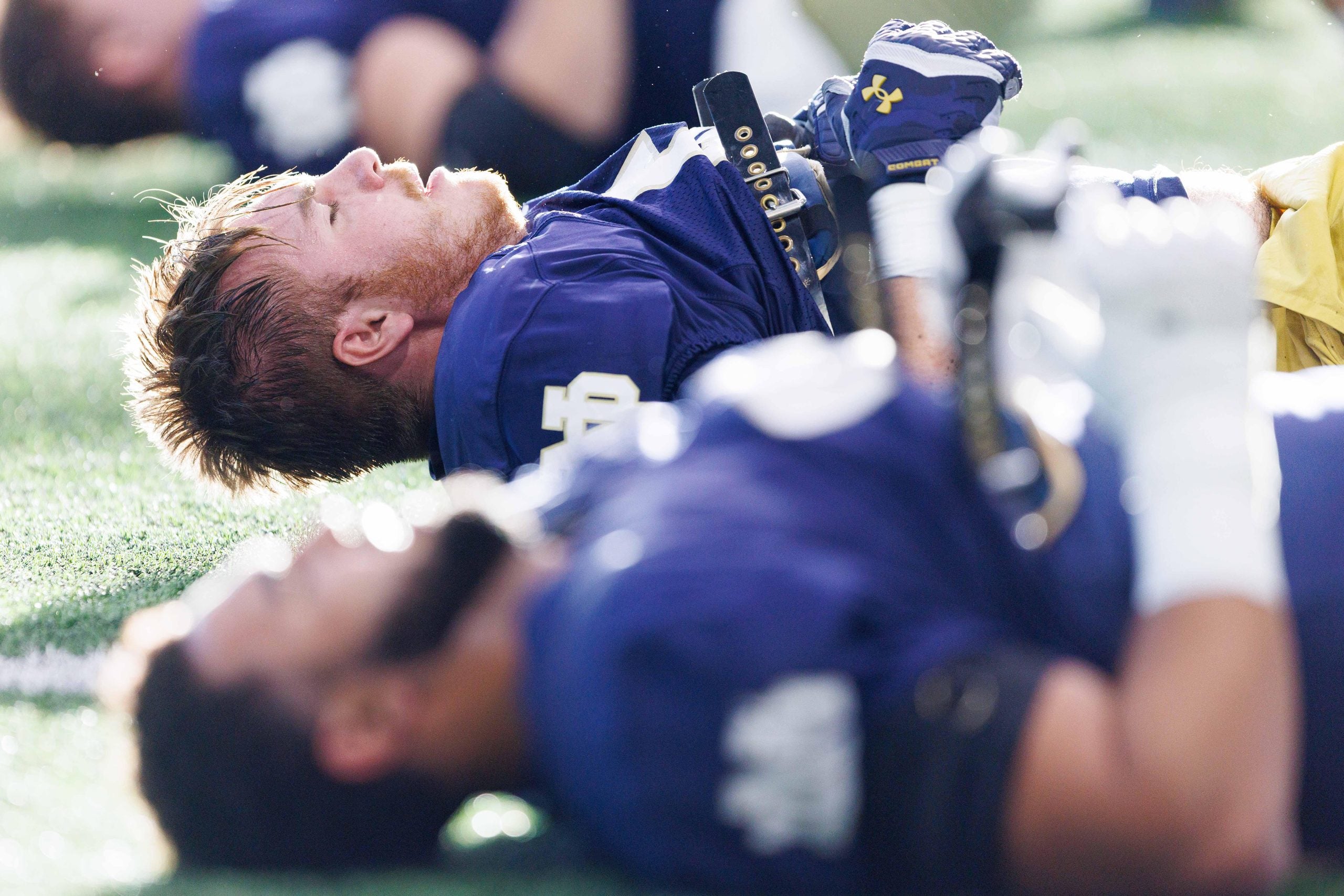 Notre Dame offensive lineman Matty Augustine, top, during a Notre Dame football spring practice at Irish Athletic Center on Wednesday, March 26, 2025, in South Bend.