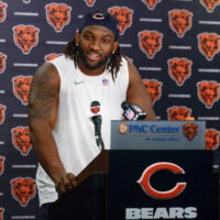 May 9, 2025; Lake Forest, IL, USA; Chicago Bears defensive line Shemar Turner speaks during the Rookie Minicamp at Halas Hall.