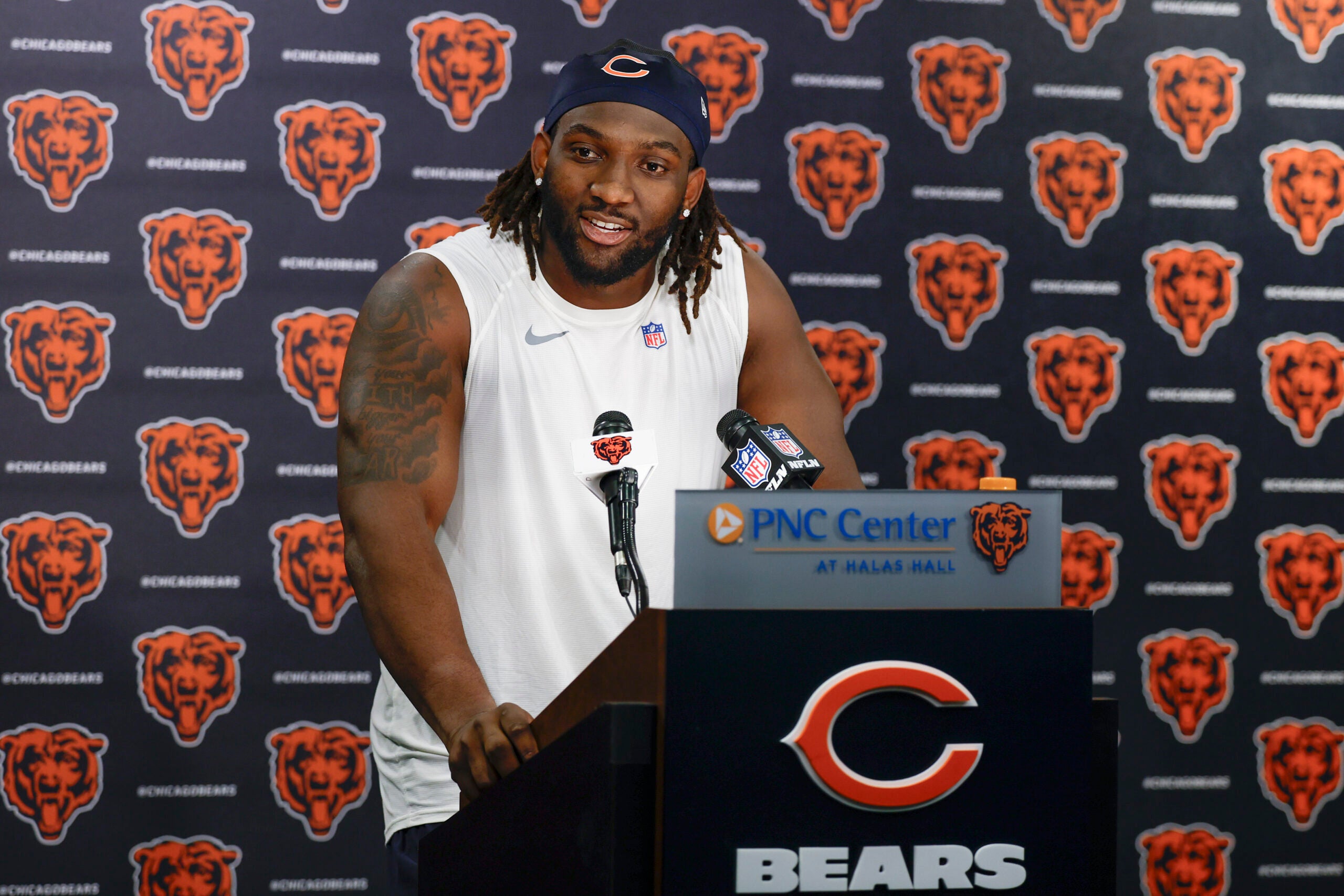 May 9, 2025; Lake Forest, IL, USA; Chicago Bears defensive line Shemar Turner speaks during the Rookie Minicamp at Halas Hall.