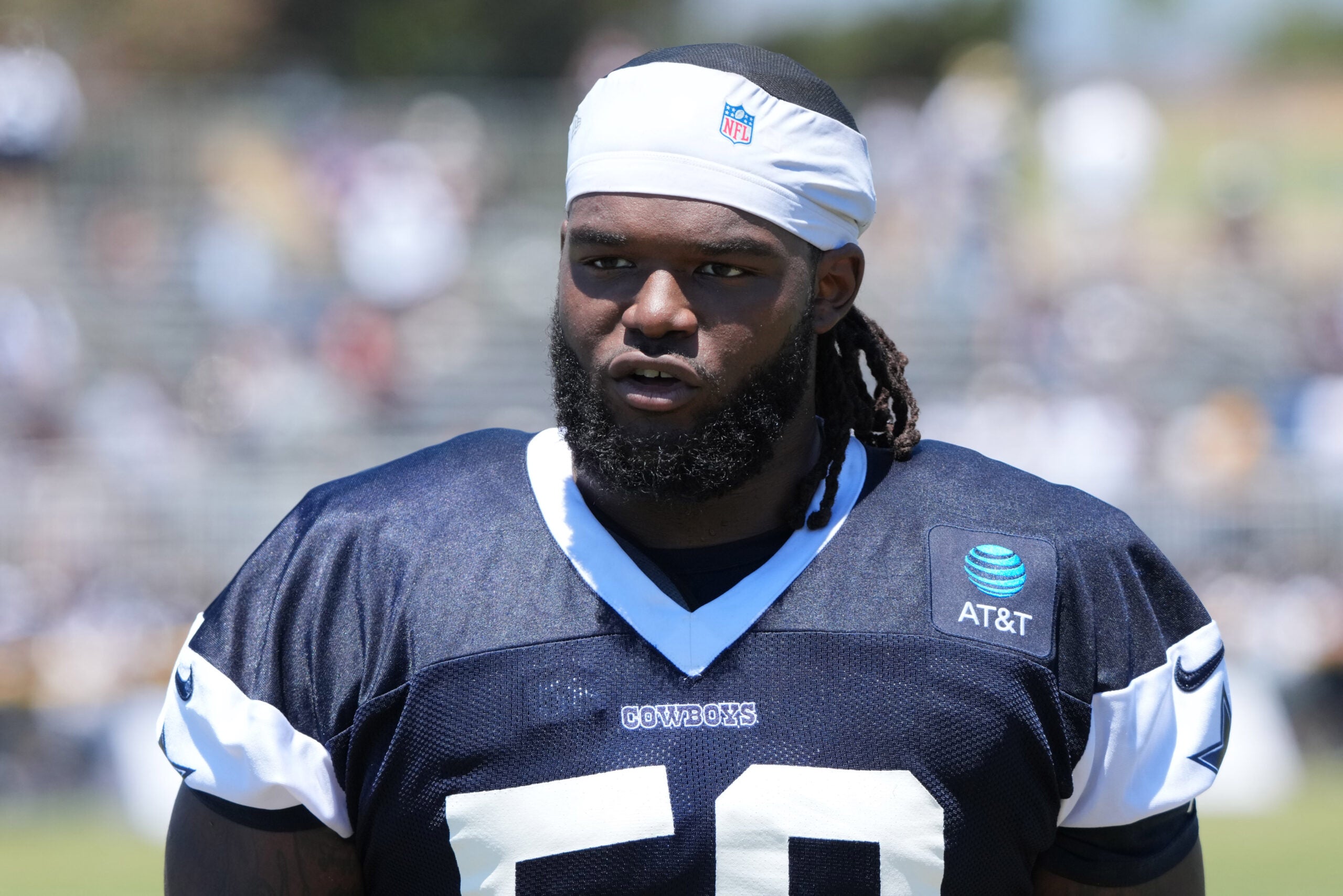Jul 26, 2025; Oxnard, CA, USA; Dallas Cowboys defensive tackle Mazi Smith (58) at training camp at the River Ridge Fields.