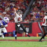 Aug 23, 2025; Tampa, Florida, USA; Tampa Bay Buccaneers quarterback Kyle Trask (2) throws a pass against the Buffalo Bills in the second quarter at Raymond James Stadium.