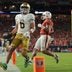 Aug 31, 2025; Miami Gardens, Florida, USA; Notre Dame Fighting Irish wide receiver Jordan Faison (6) scores a touchdown against the Miami Hurricanes during the third quarter at Hard Rock Stadium.