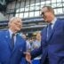 Sep 7, 2025; Indianapolis, Indiana, USA; Peyton Manning talks with NFL analyst Bill Polian before the game between the Miami Dolphins and the Indianapolis Colts at Lucas Oil Stadium.