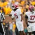 Oct 11, 2025; Columbia, Missouri, USA; Alabama Crimson Tide defensive back Dijon Lee Jr. (5) celebrates his interception thrown by Missouri Tigers quarterback Beau Pribula (not pictured) during the fourth quarter of the game at Faurot Field at Memorial Stadium.