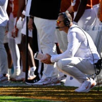 Oct 11, 2025; Dallas, Texas, USA; Texas Longhorns head coach Steve Sarkisian looks on during the first half against the Oklahoma Sooners at the Cotton Bowl.