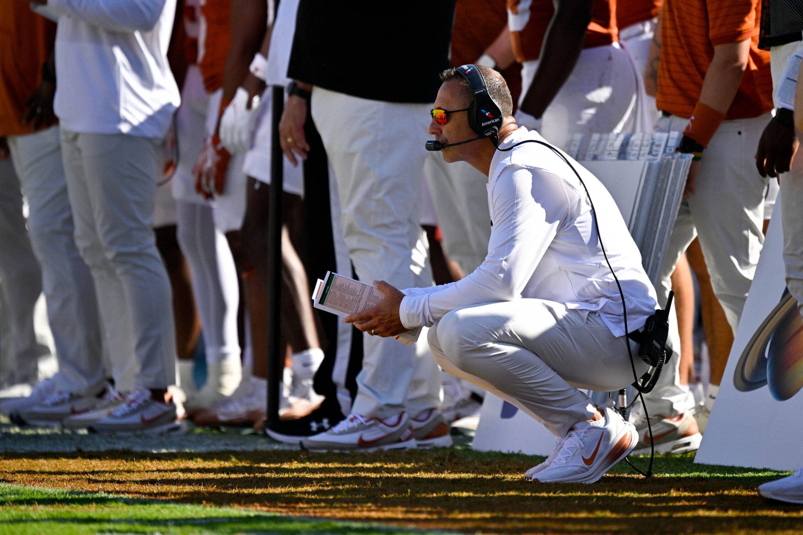 Oct 11, 2025; Dallas, Texas, USA; Texas Longhorns head coach Steve Sarkisian looks on during the first half against the Oklahoma Sooners at the Cotton Bowl.