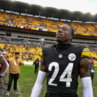 Oct 12, 2025; Pittsburgh, Pennsylvania, USA; Pittsburgh Steelers cornerback Joey Porter Jr. (24) after the game at Acrisure Stadium.