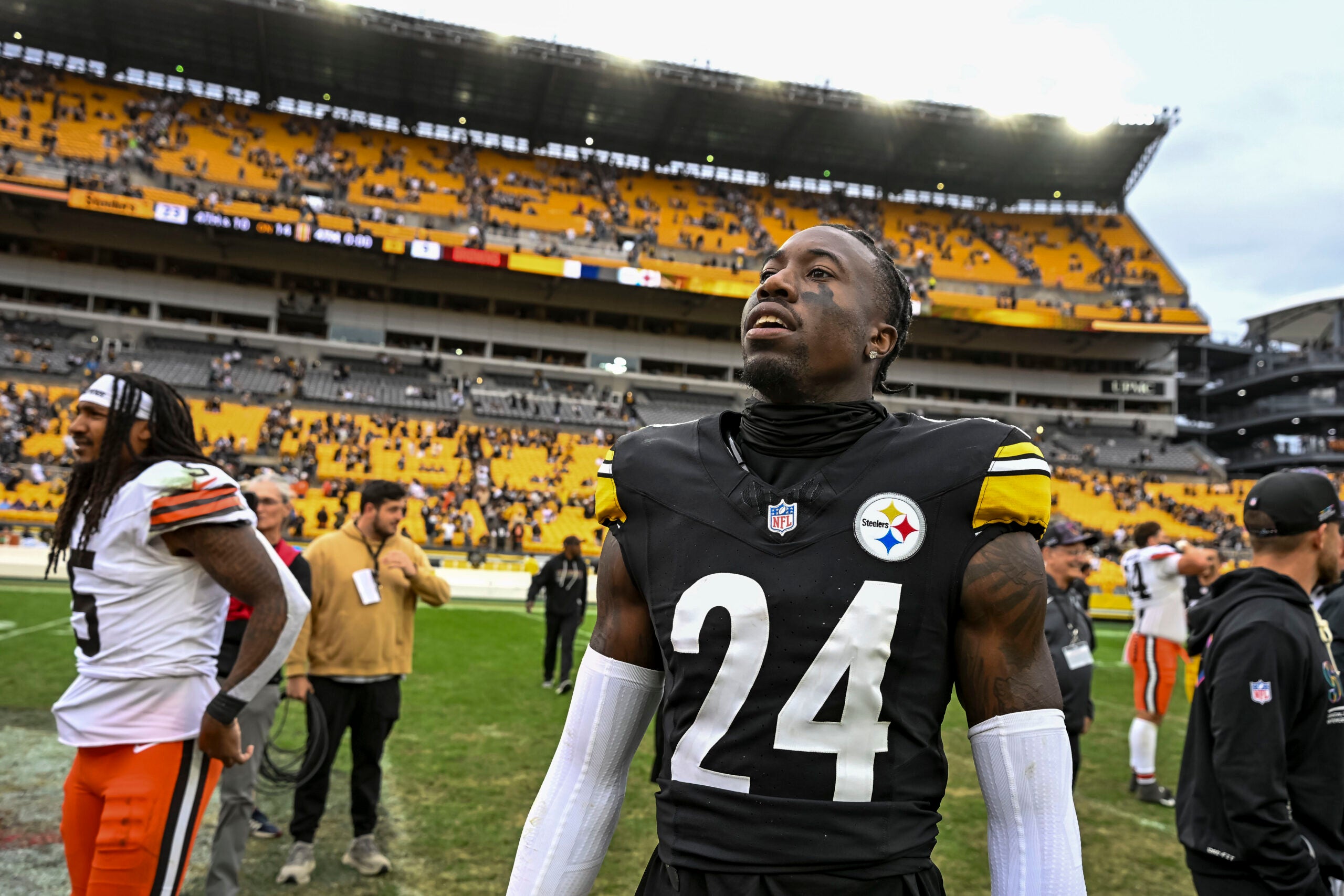 Oct 12, 2025; Pittsburgh, Pennsylvania, USA; Pittsburgh Steelers cornerback Joey Porter Jr. (24) after the game at Acrisure Stadium.