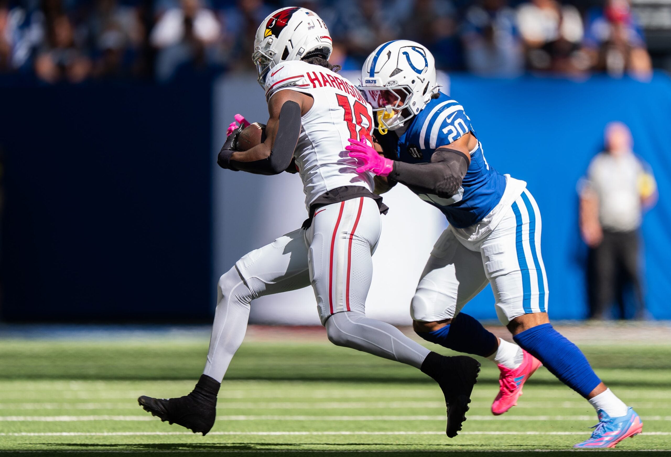 Indianapolis Colts safety Nick Cross (20) drives Arizona Cardinals wide receiver Marvin Harrison Jr. (18) out of bounds Sunday, Oct. 12, 2025, at Lucas Oil Stadium in Indianapolis.