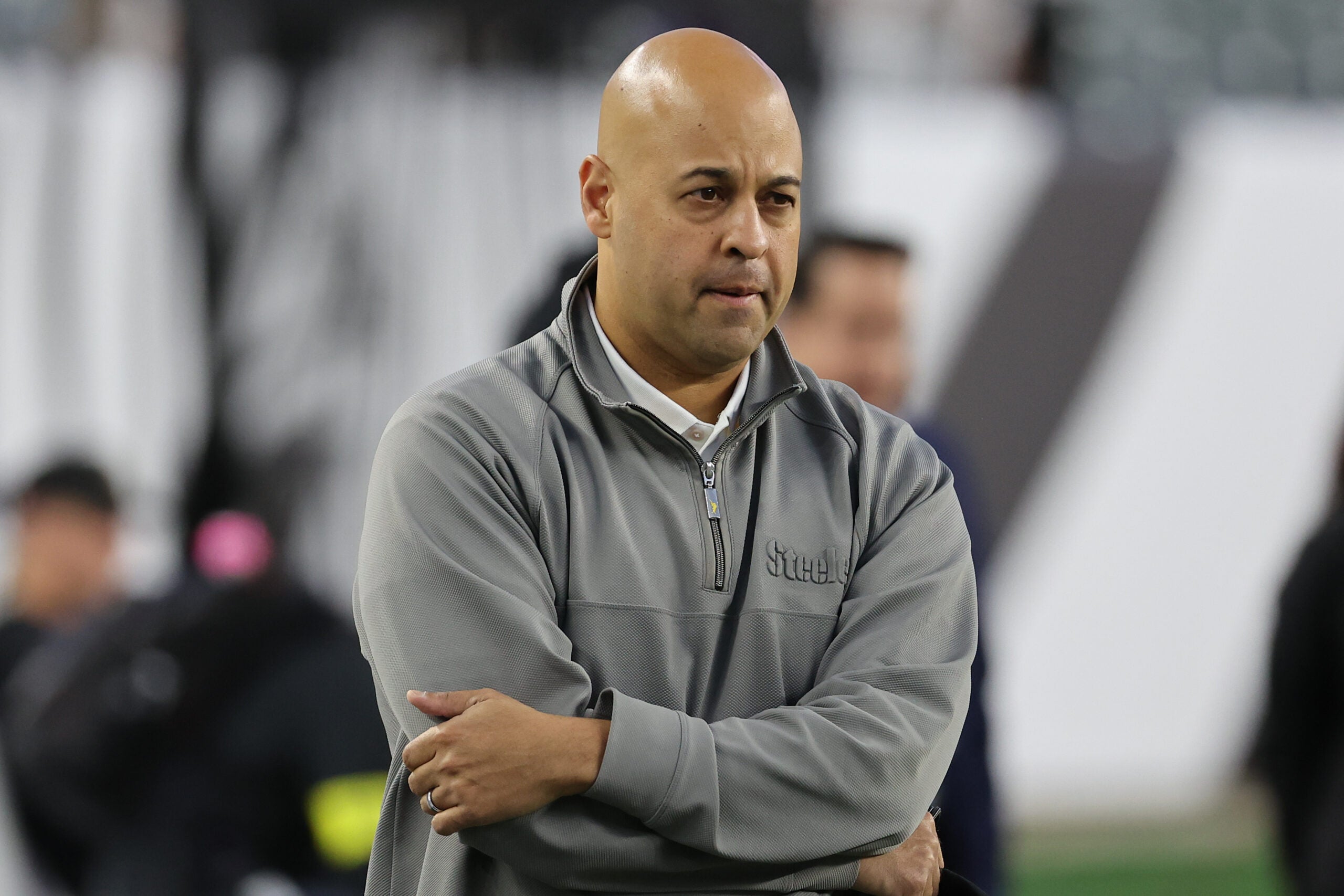 Oct 16, 2025; Cincinnati, Ohio, USA; Pittsburgh Steelers general manager Omar Khan looks on during warmups before the game against the Cincinnati Bengals at Paycor Stadium.