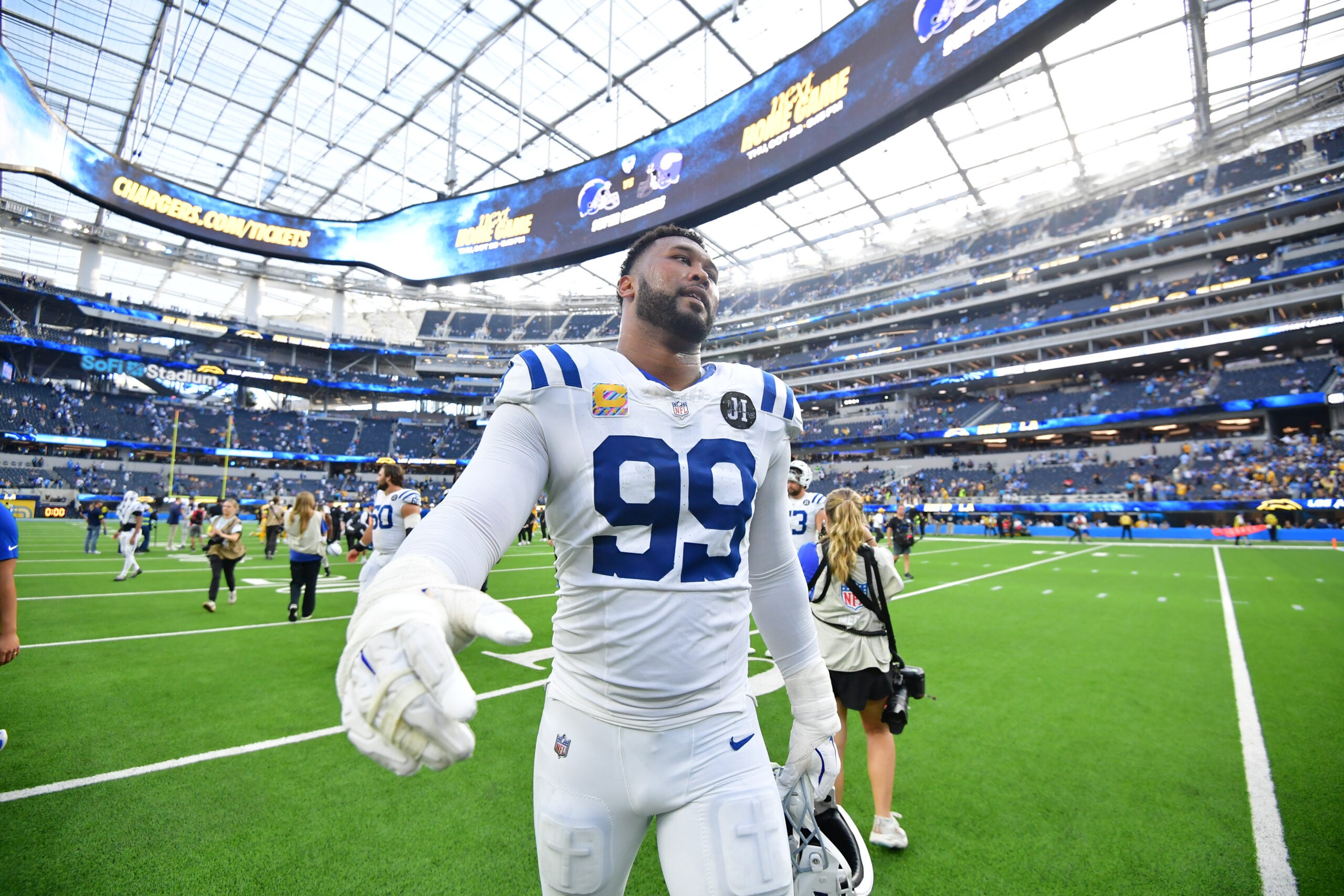 Oct 19, 2025; Inglewood, California, USA; Indianapolis Colts defensive tackle DeForest Buckner (99) looks on after the game against the Los Angeles Chargers at SoFi Stadium.