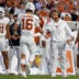 Oct 25, 2025; Starkville, Mississippi, USA; Texas Longhorns head coach Steve Sarkisian reacts with Texas Longhorns quarterback Arch Manning (16) during the fourth quarter against the Mississippi State Bulldogs at Davis Wade Stadium at Scott Field.